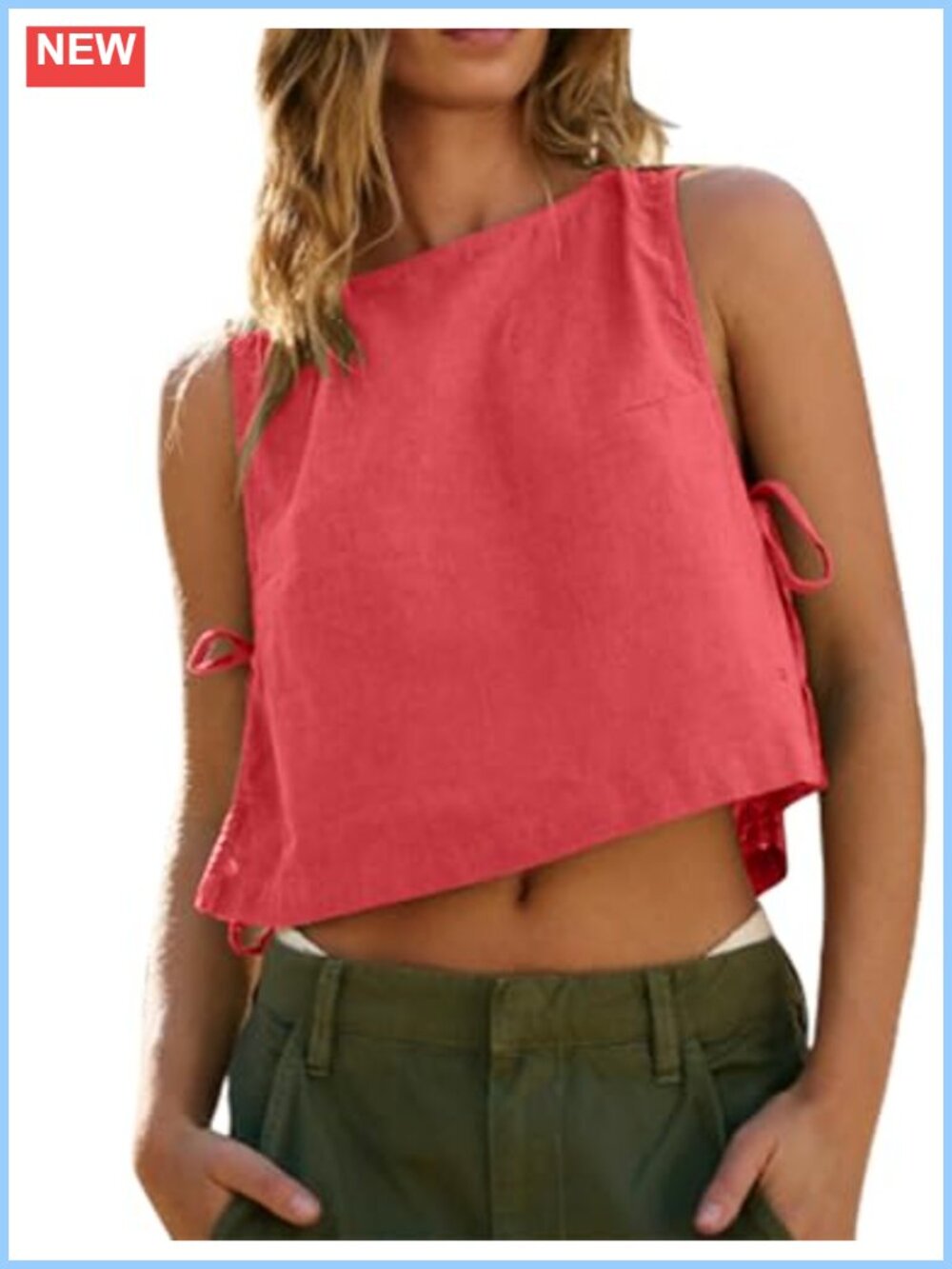 Cotton Linen Crop Top Sleeveless Mock Neck Tie Side Summer Tank